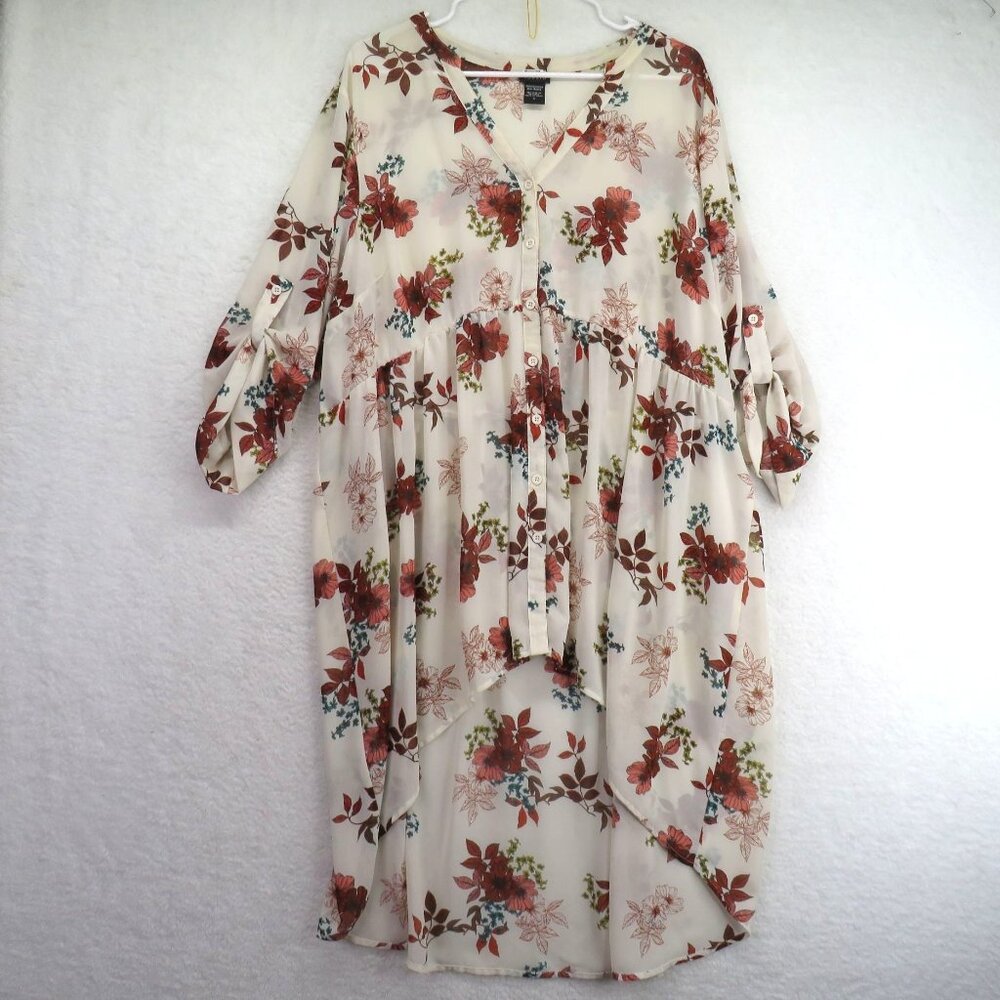 Torrid Shirt Womens Size 3XL Floral High‎ Low Button Front Tunic Ivory Red